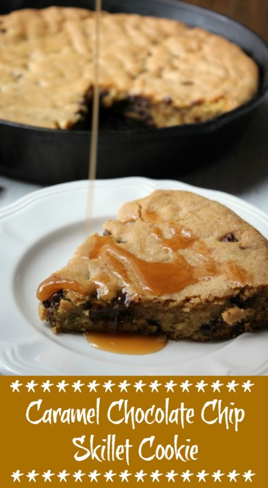 Caramel Chocolate Chip Skillet Cookie made in a cast iron skillet. Delicious sweet chocolate chips and a creamy caramel. Great restaurant copycat cookie recipe. #castironrecipe #skilletrecipe #copycatrecipe