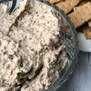 Oatmeal Toffee Dip Cream cheese dip with Heath baking chips in a clear bowl