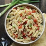 4 Ingredient Pasta Salad with green onions in brown bowl