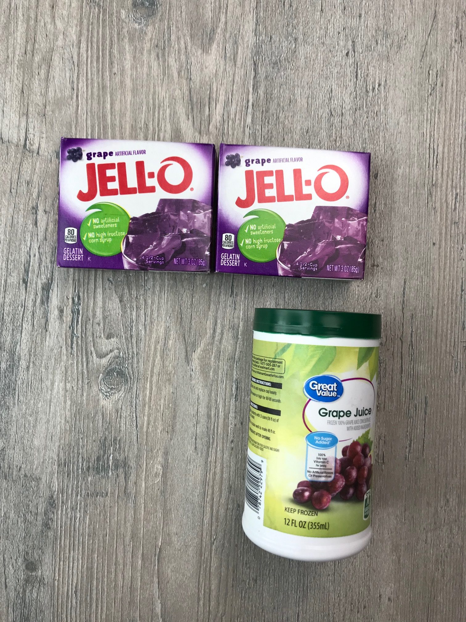 Grape jello and can of grape juice concentrate