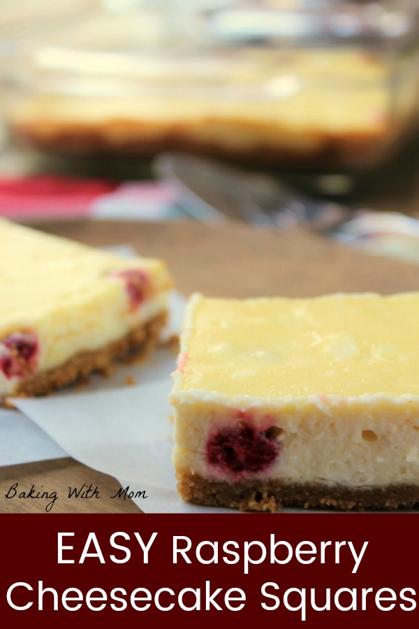 Easy Raspberry Cheesecake Squares with cream cheese and a graham cracker crust. Rich, creamy and sweet, this cheesecake dessert is a favorite. #dessert #cheesecake #raspberry