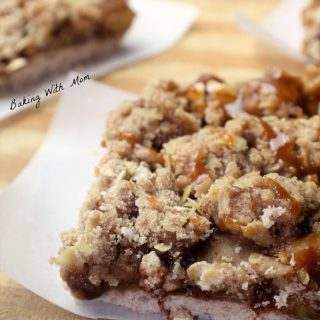 Zucchini Crisp Bars with an oatmeal topping and caramel drizzled on top