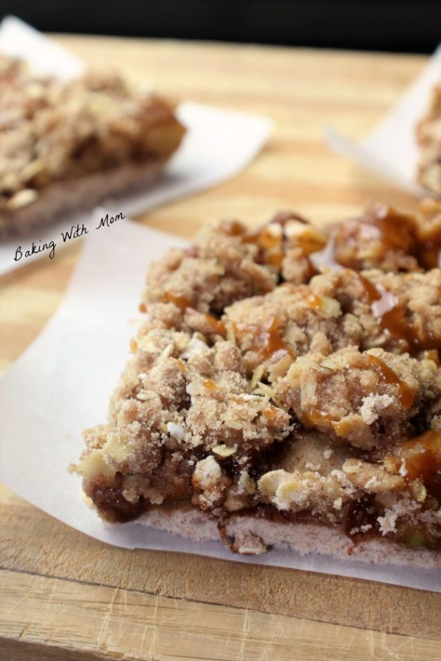 Zucchini Crisp Bars with an oatmeal topping and caramel drizzled on top