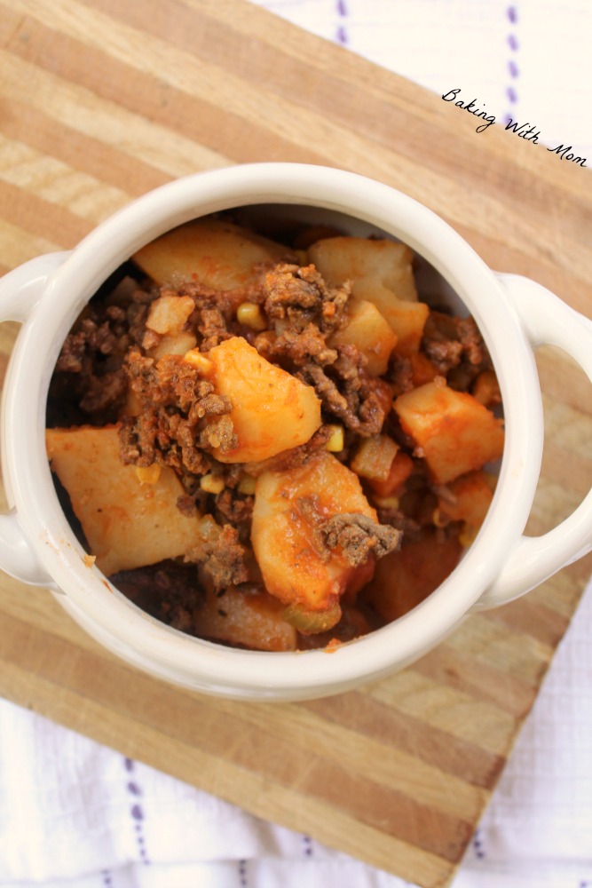 Potatoes, corn, hamburger in a bowl