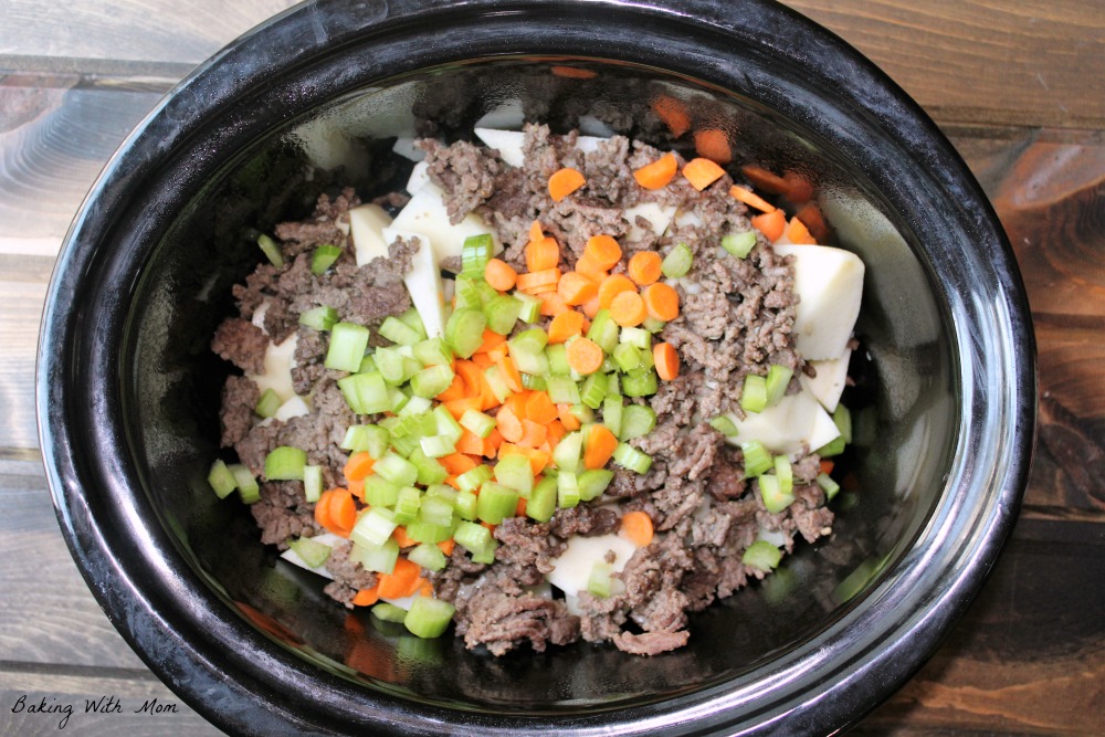 Crock Pot 4 Layer Hamburger Potato Casserole ready to cook