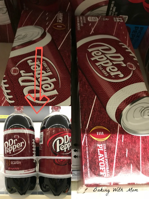 Cans of Dr Pepper on shelf