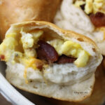 Close up of eggs, bacon in a biscuit