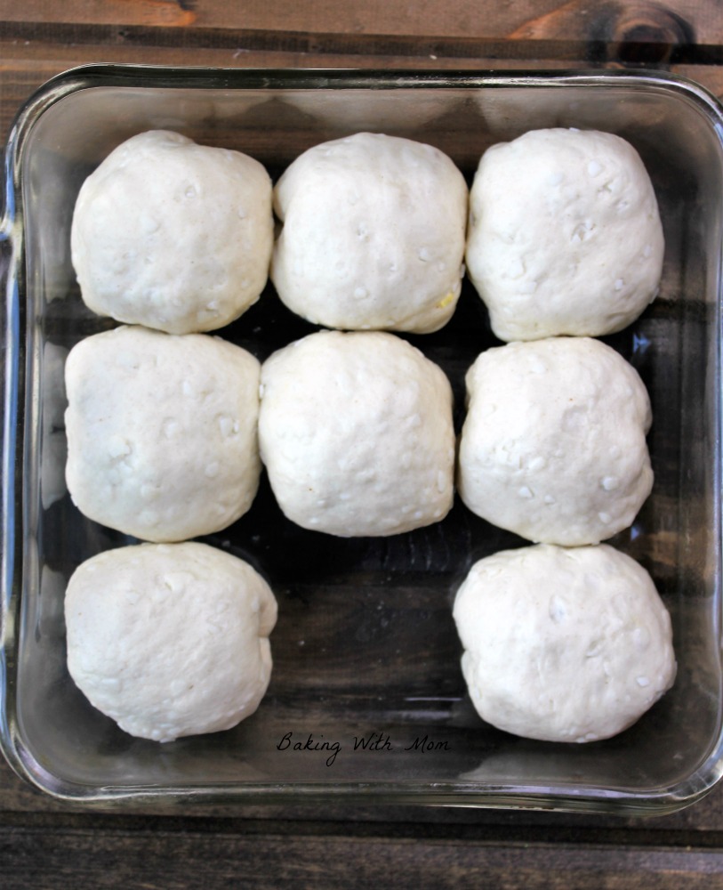 Breakfast Stuffed Biscuits Precooked in a clear baking dish