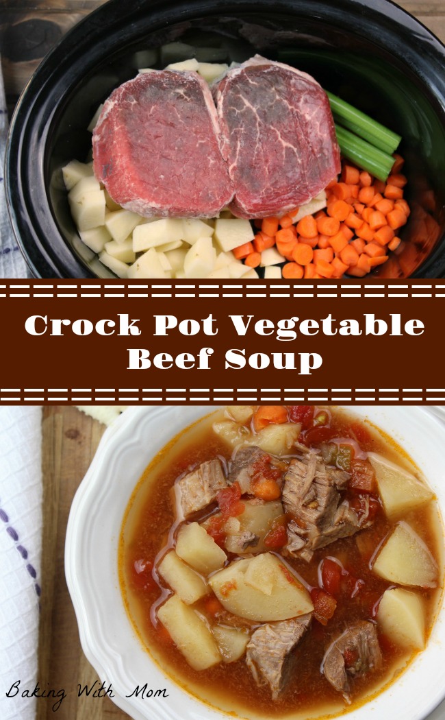 Crock Pot Vegetable Beef Soup with carrots, potatoes, tomatoes and beef.