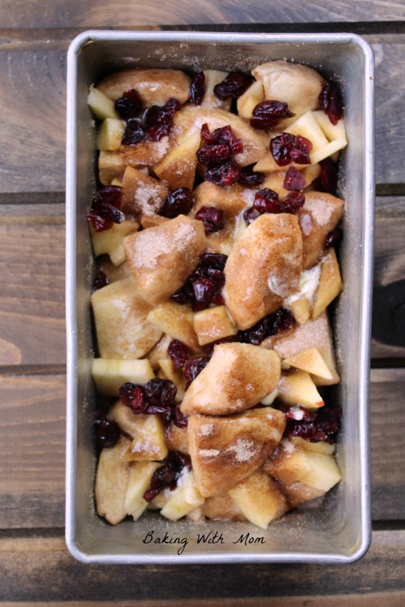 biscuits, cinnamon sugar, apples and Craisins in a loaf pan