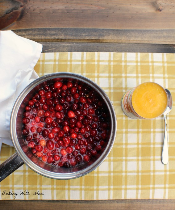 Cranberries with orange juice concentrate in a pot on a yellow placemat