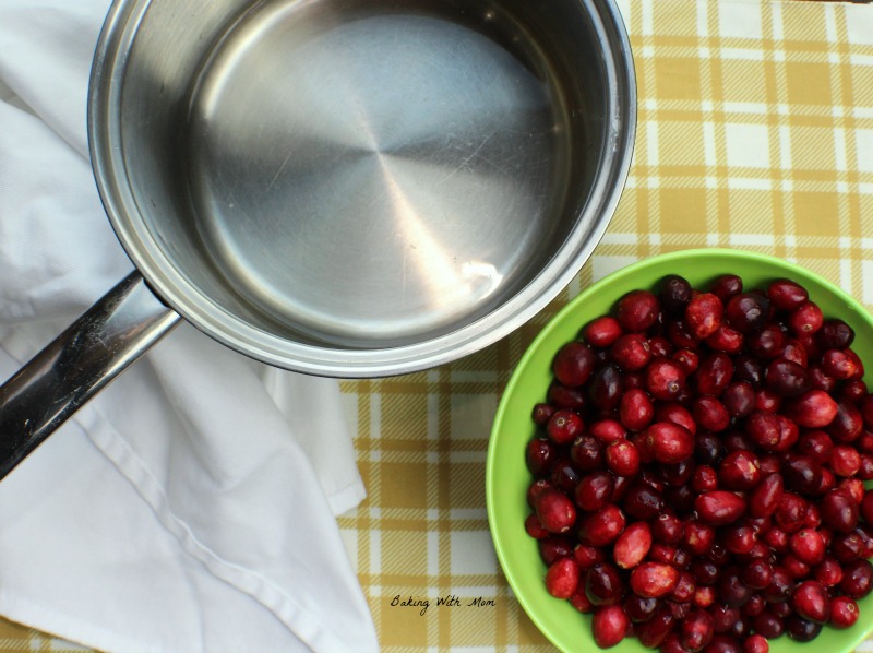 Cranberries in a bowl and an empty pot