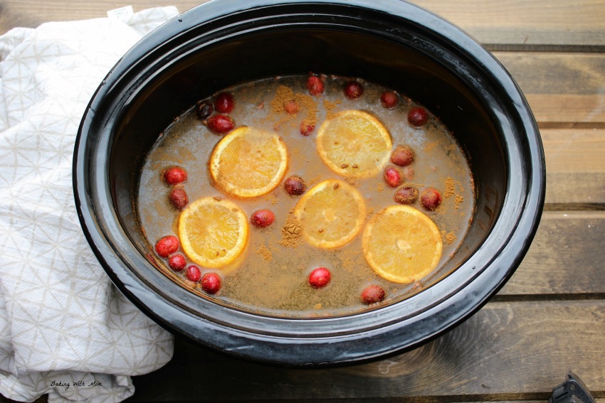 Homemade apple cider in a crock pot. 