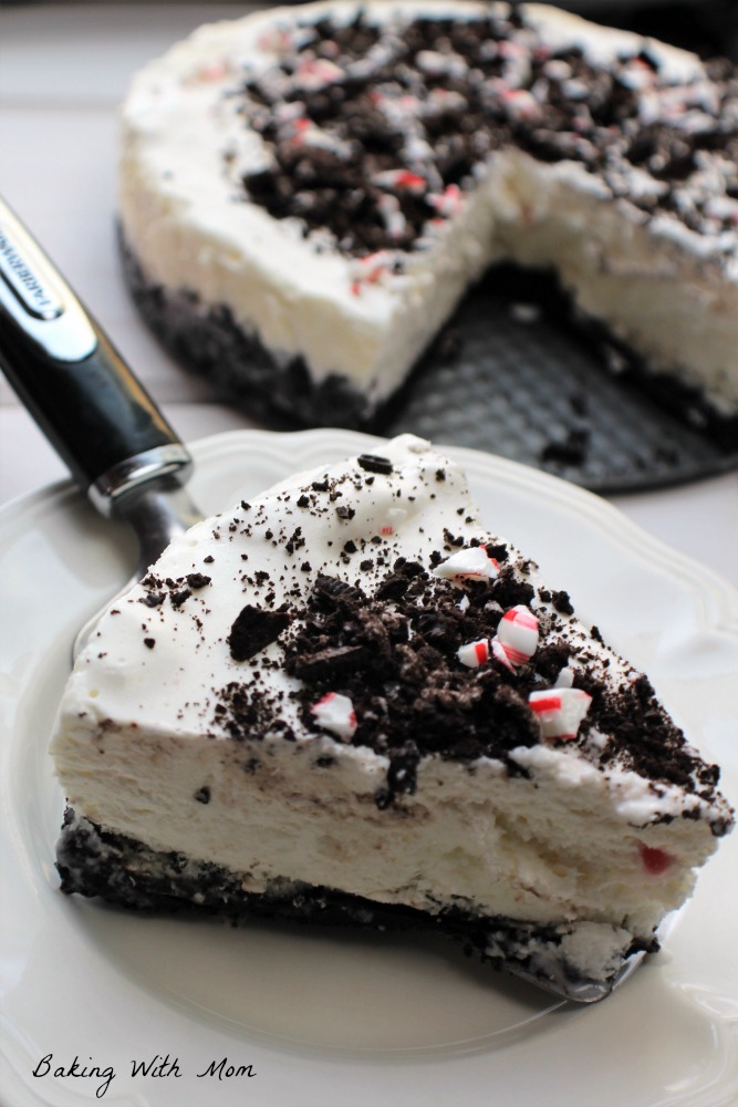 Peppermint Oreo Ice Cream Cake on a white plate