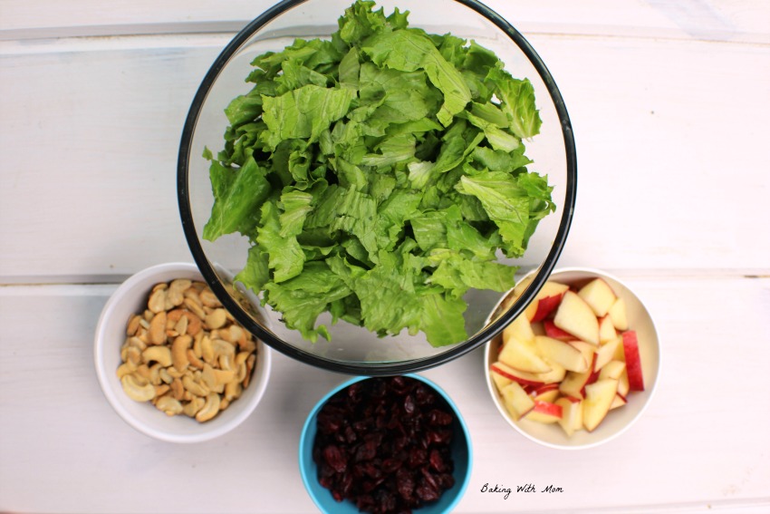 Apple Cranberry Lettuce Salad in a clear bowl and bowls of apples, craisins and cashews