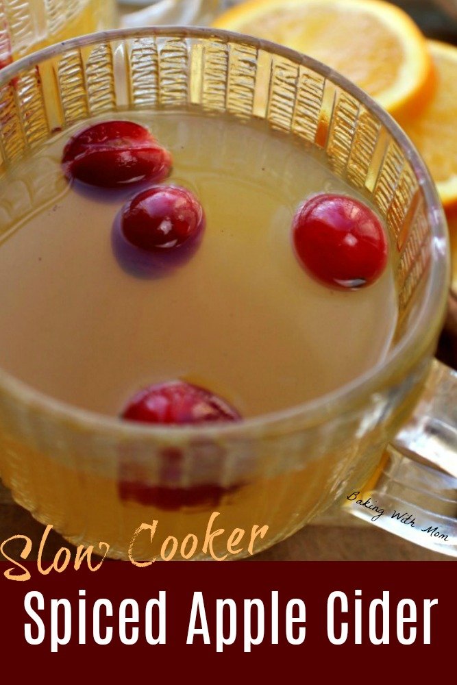 Apple cider in a glass cup with cranberries floating on top.