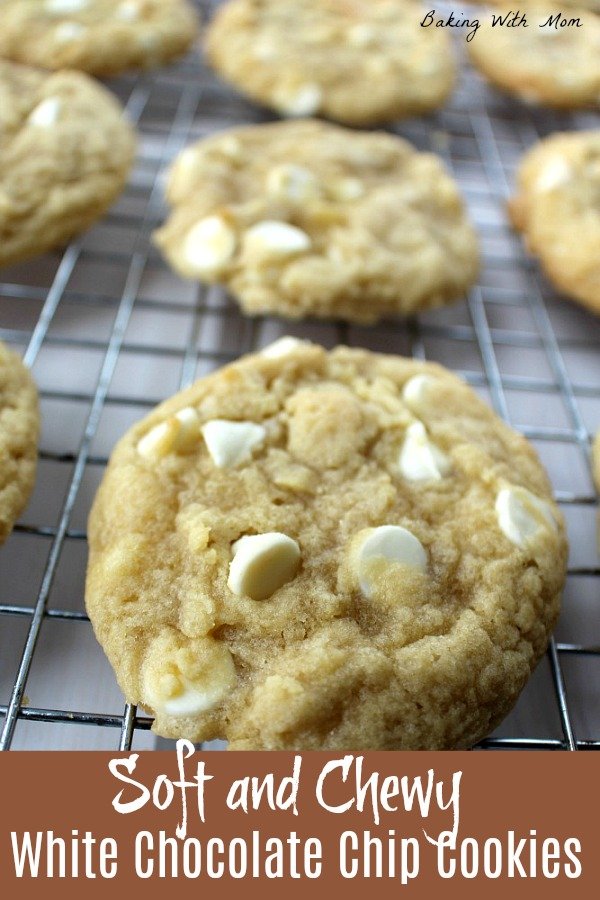 Soft and Chewy White Chocolate Chip Cookies on a baking rack.