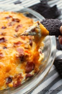 Hot Cheesy Sweet Pepper Dip with Blue Tortilla Chips