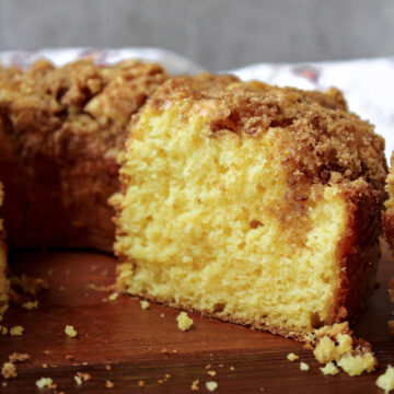 brown sugar coffee cake on a brown board.