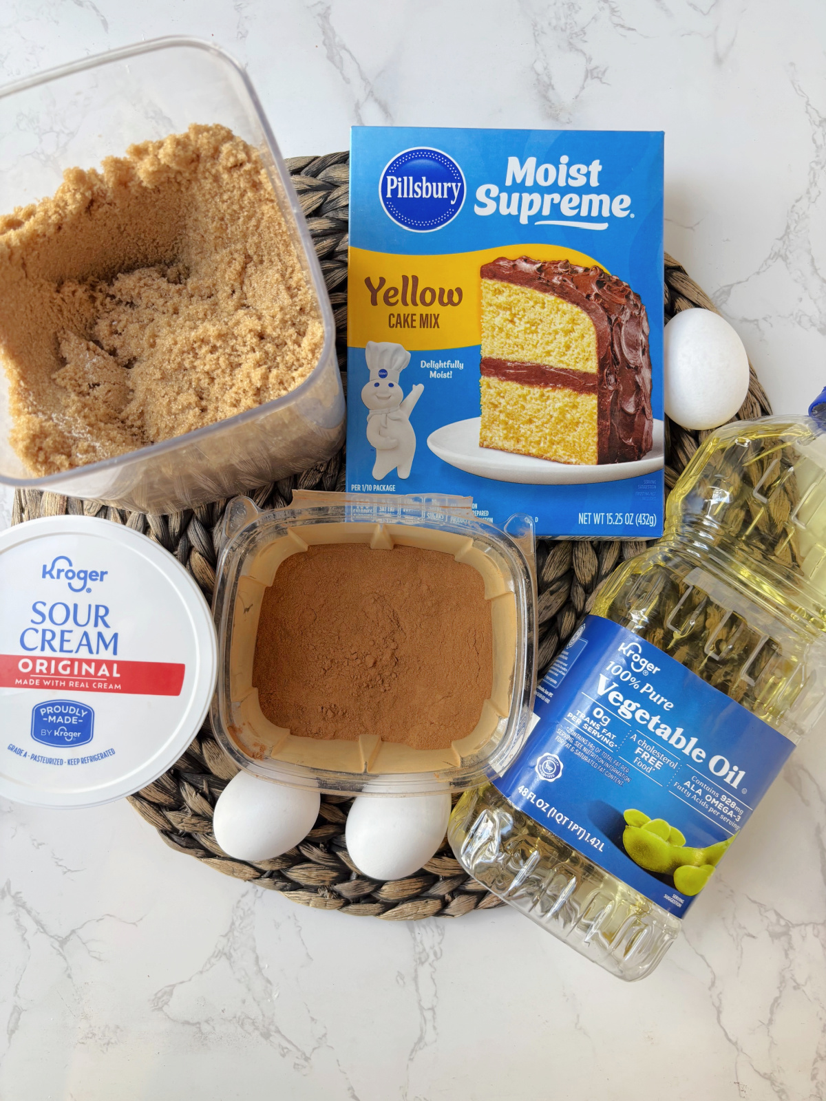 yellow cake mix, eggs, oil. sour cream.