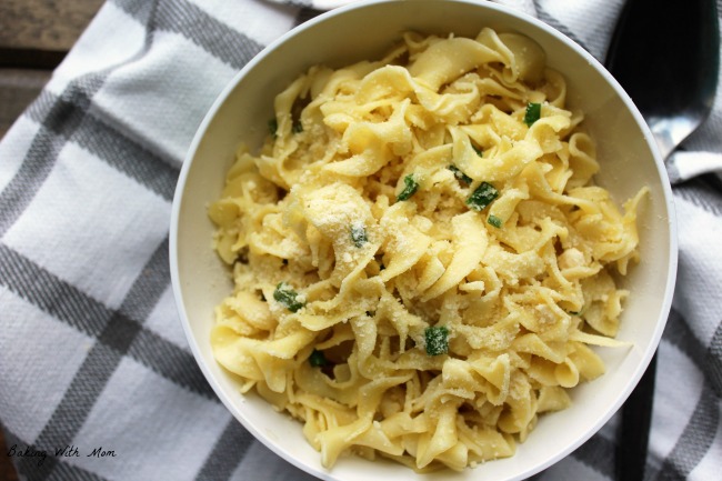 Cheesy Buttered Noodles with green onions side dish recipe