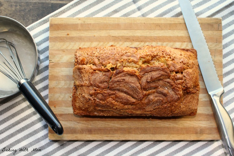 Quick Cinnamon Swirl Bread without frosting with knife on cutting board