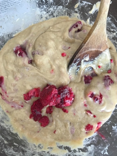 Raspberries in muffin batter