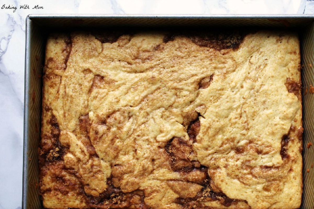 coffee cake in a silver pan. 