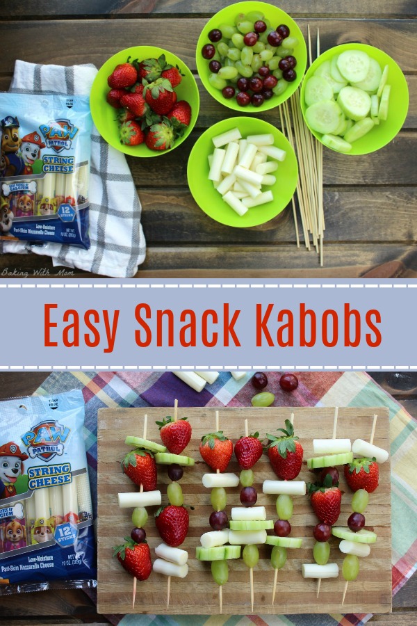 Ingredients of cheese, cucumbers, strawberries and grapes.
Easy Snack Kabobs with fruit and string cheese on a cutting board on bottom.