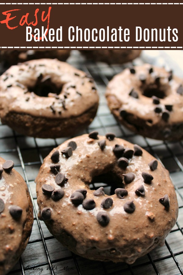 Easy Baked Chocolate Donuts with chocolate frosting and sprinkled with chocolate chips