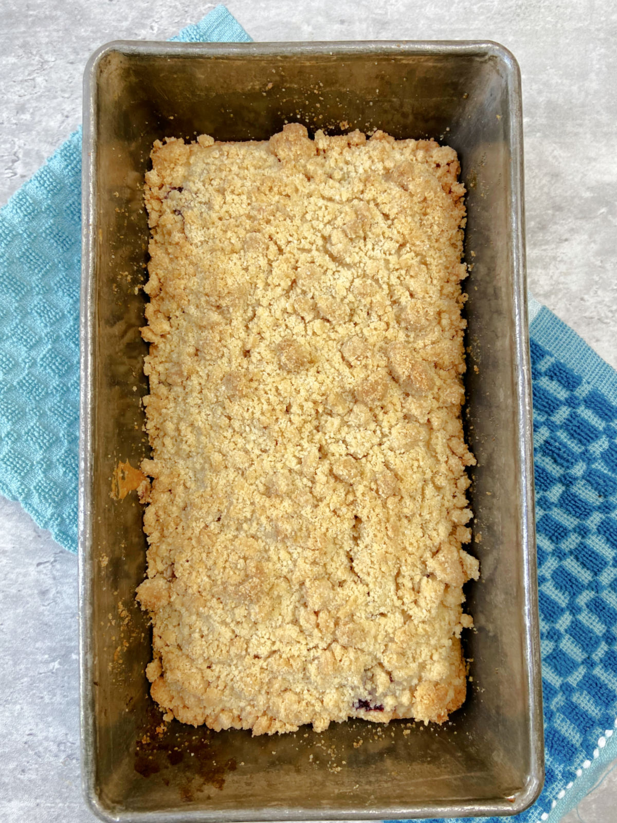 baked blueberry bread in a pan. 