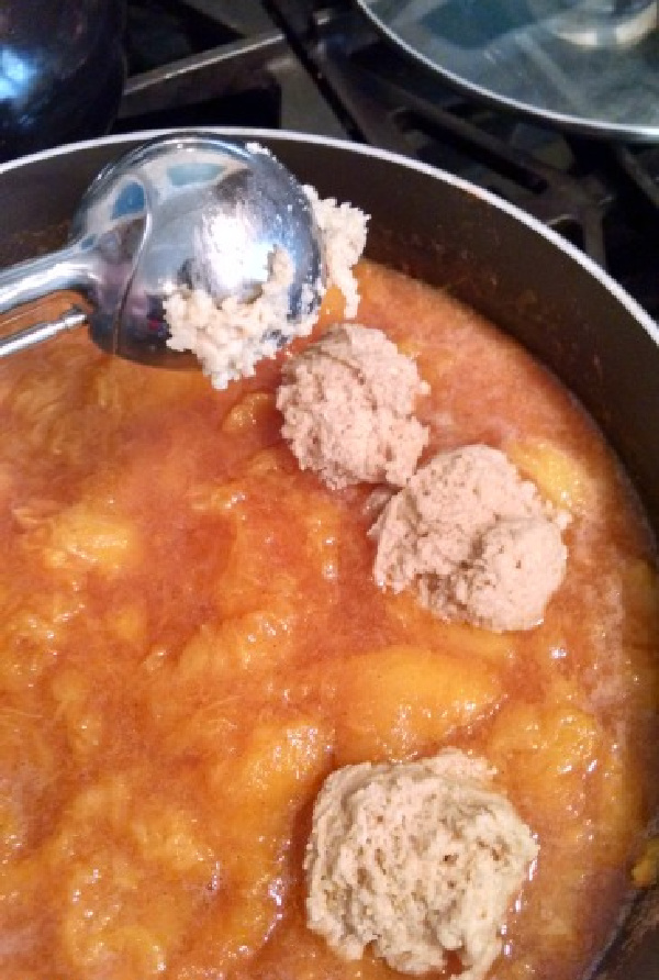 uncooked dumplings in peaches. 
