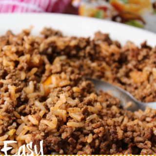Easy Mexican Hamburger And Rice in a white serving dish