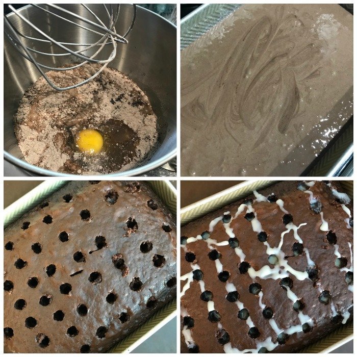 Picture of four cake stages of grasshopper poke cake