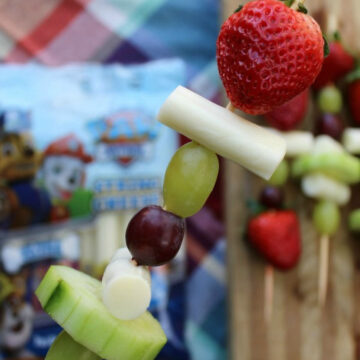 Fruit kabobs with strawberries, veggies and cheese