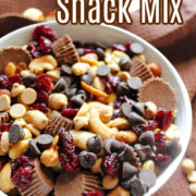 Peanut Butter Snack Mix in a white bowl.