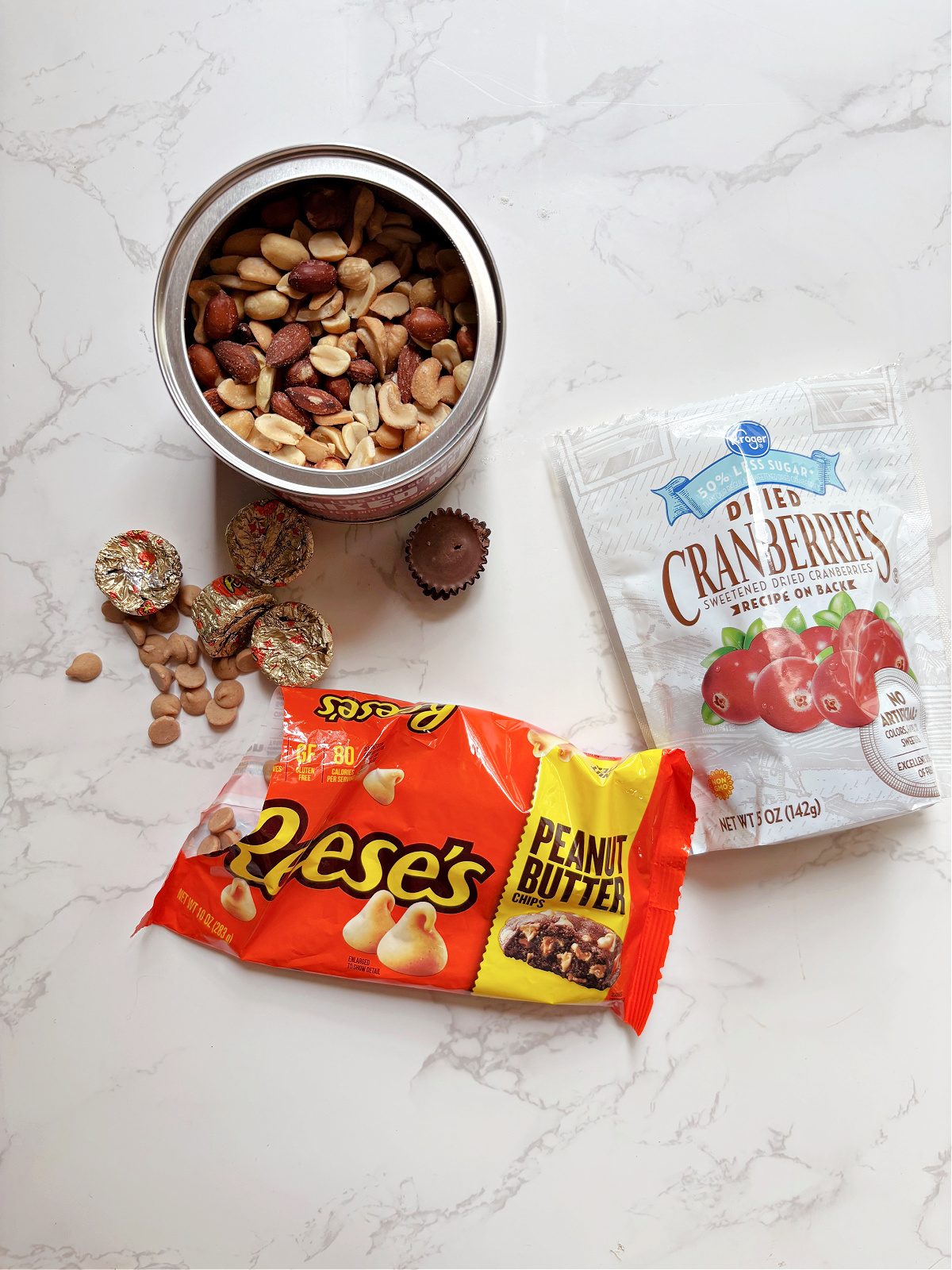 reese's peanut butter chips, mixed nuts and dried cranberries.