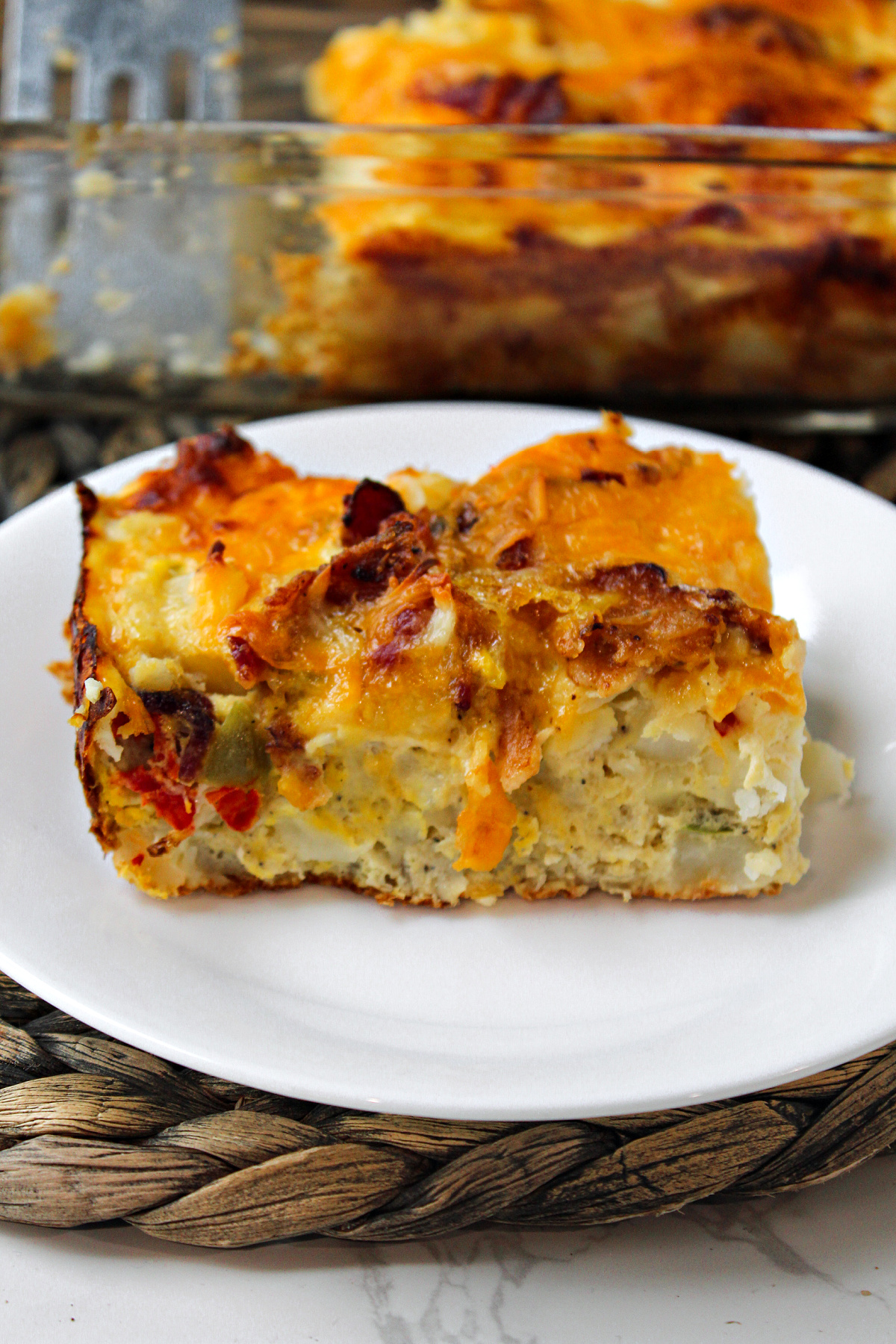 egg casserole on a white plate.