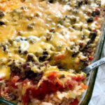 Inside out stuffed pepper casserole in a clear baking dish.