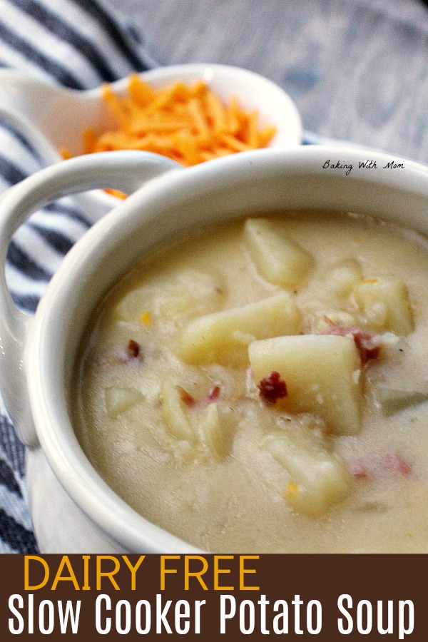 Dairy Free Slow Cooker Potato Soup in a bowl with ham