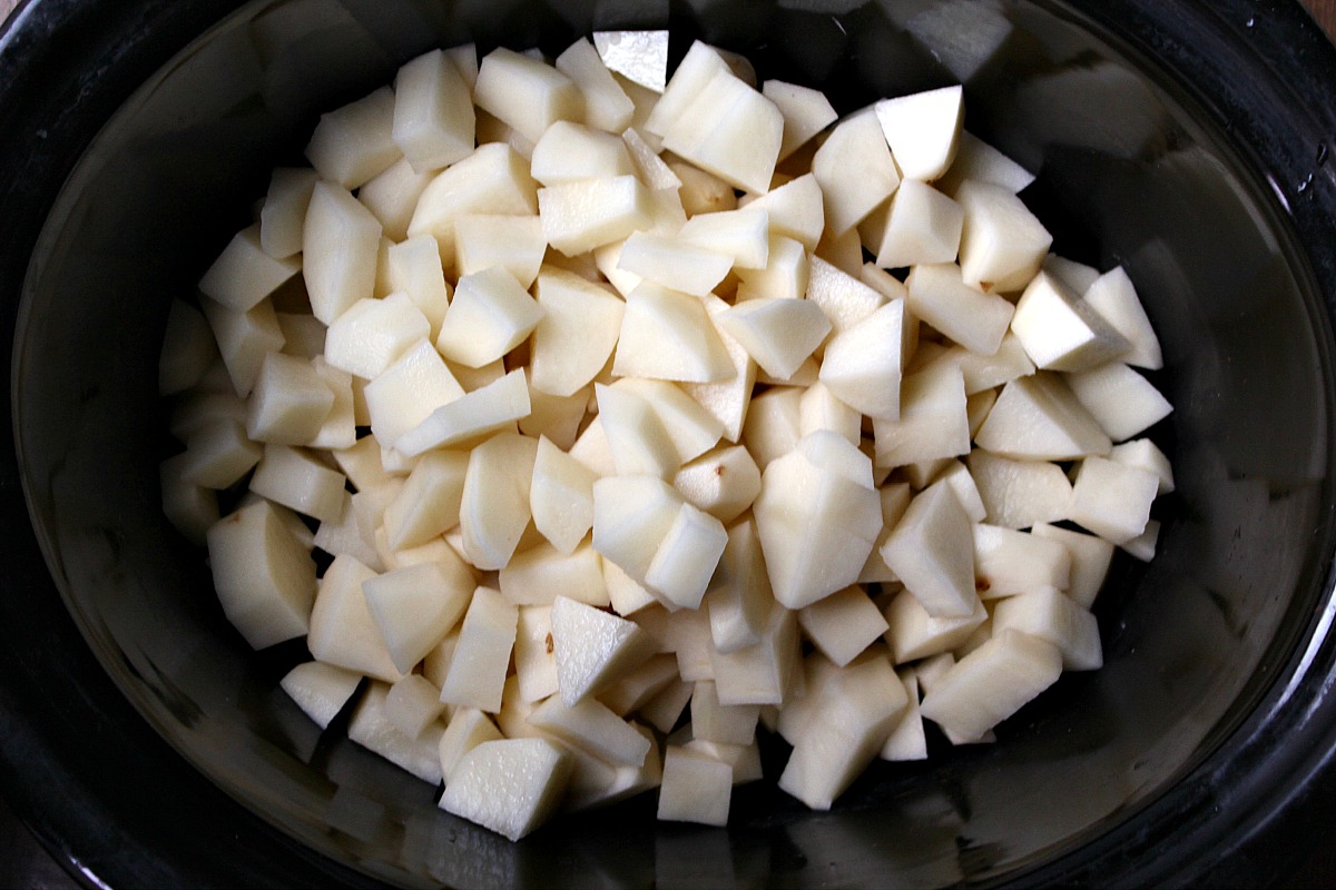 Chopped potatoes in a crock pot