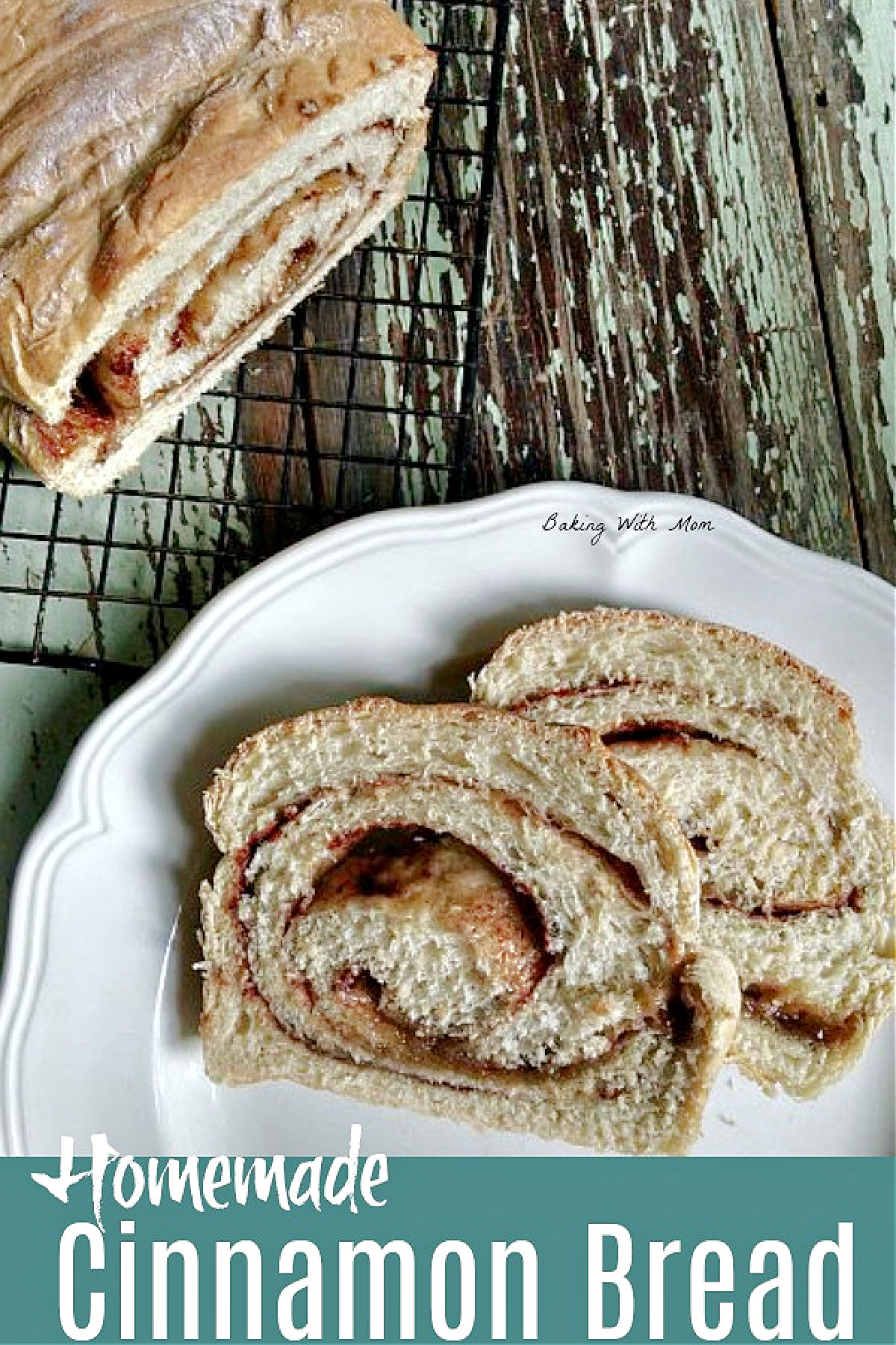 Two slices of cinnamon bread on a white plate with a cooling rack besides. 