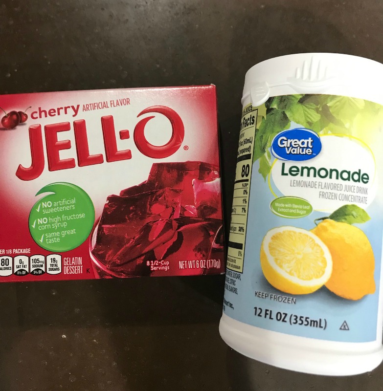 Box of cherry jello and a can of frozen lemonade