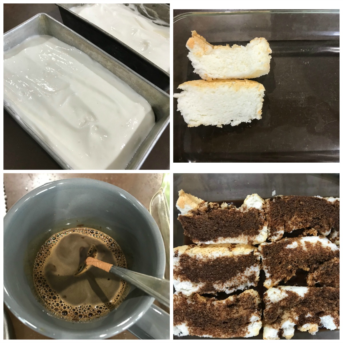 A college of pictures: angel food batter, angel food cake, coffee in a cup and coffee soaked angel food cake 