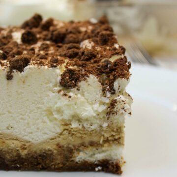 Tiramisu ice cream cake on a white plate with a fork in the background