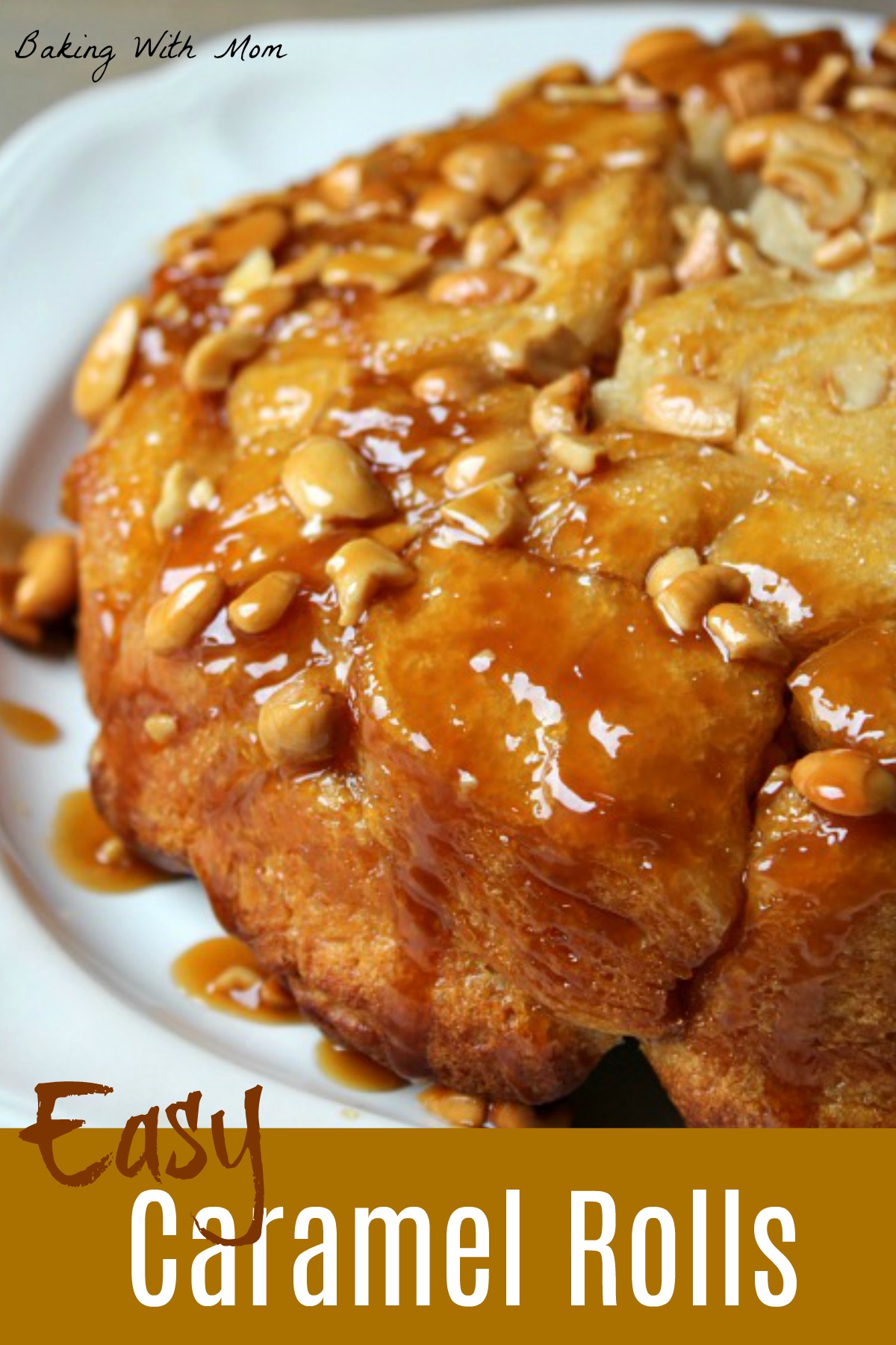 Picture of caramel rolls with cashews on top on a white plate