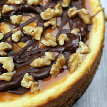 turtle cheesecake with walnuts on a backdrop