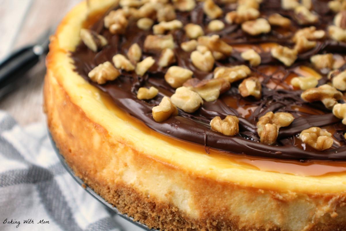 Close up of turtle cheesecake and graham cracker crust