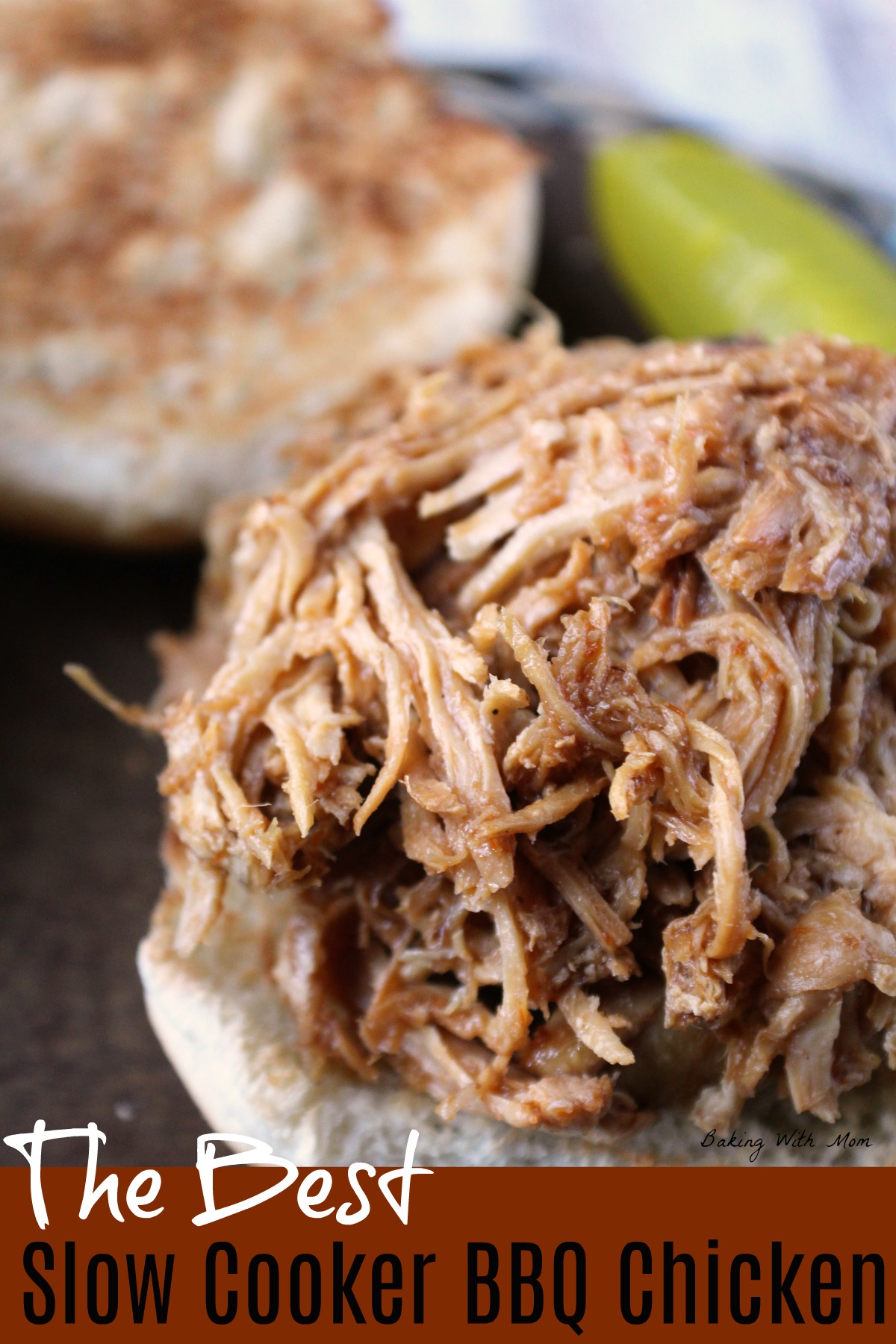 Close up of BBQ chicken on a hamburger bun