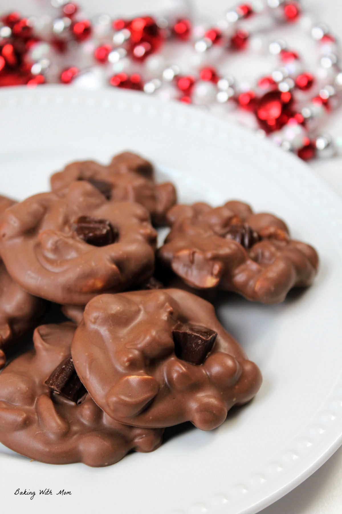 Plate of chocolate covered peanuts on a white plate.